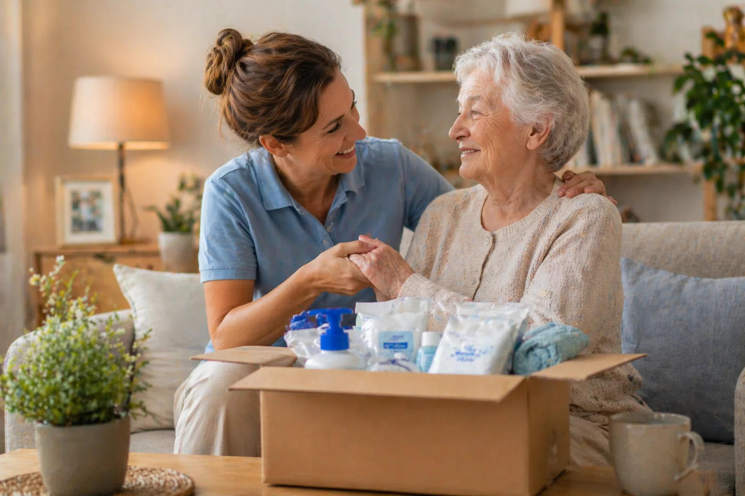 Pflegerin hält liebevoll die Hand einer Seniorin neben der geöffneten Pflegebox